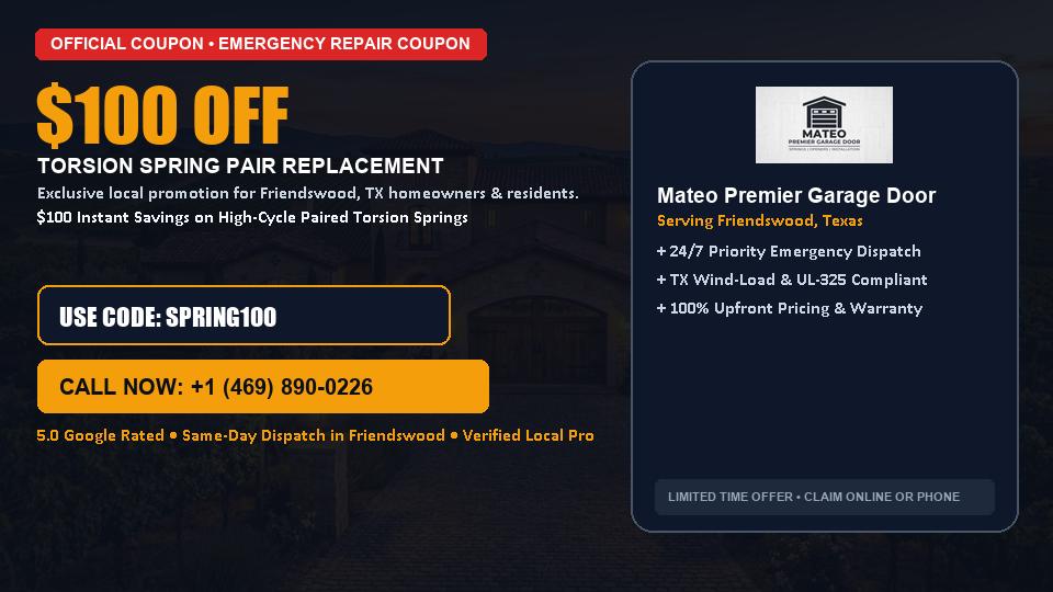 $100 OFF Dual High-Cycle Torsion Spring Replacement in Friendswood, TX - Mateo Premier Garage Door